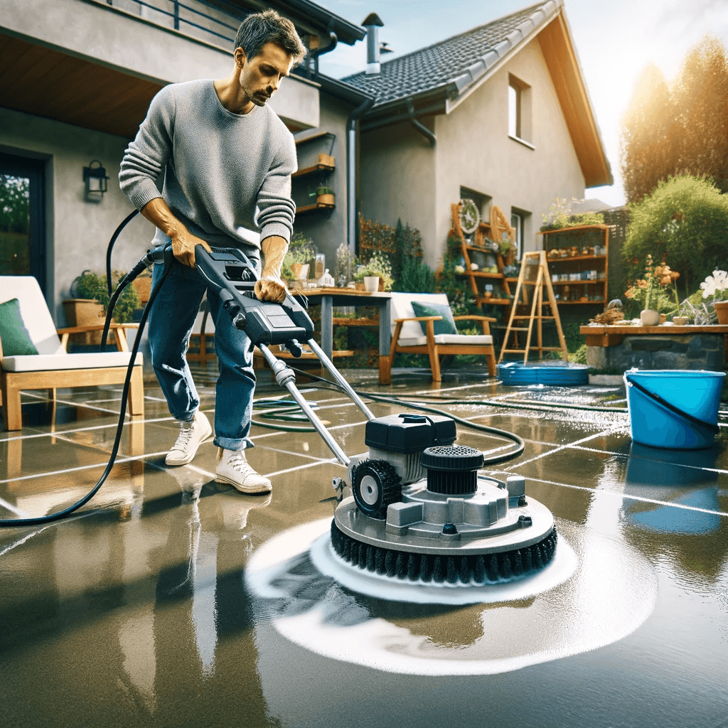 Using a pressure washer and circular surface cleaner to clean a back patio.