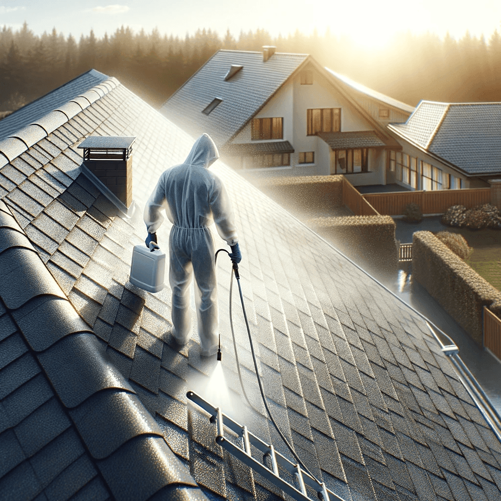 Soft washing a roof with asphalt shingles.