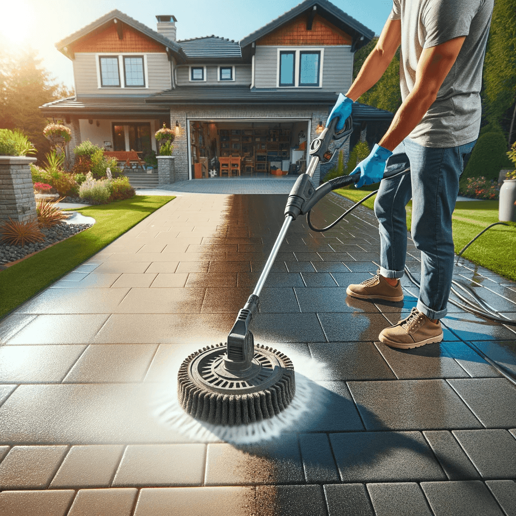 Outdoor dirty driveway cleaning with high pressure surface cleaner pressure washer attachment